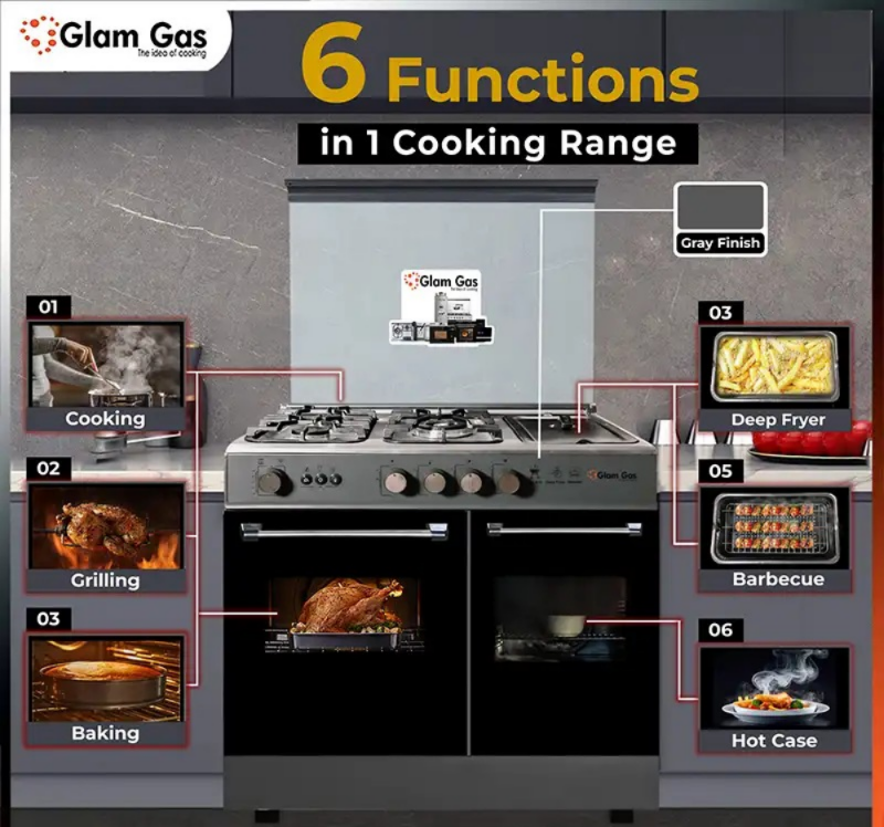 Glam Gas Cooking Range Glamour 34 Gray Tempered Glass Auto Ignition (Natural Gas & LPG) Brand Warranty