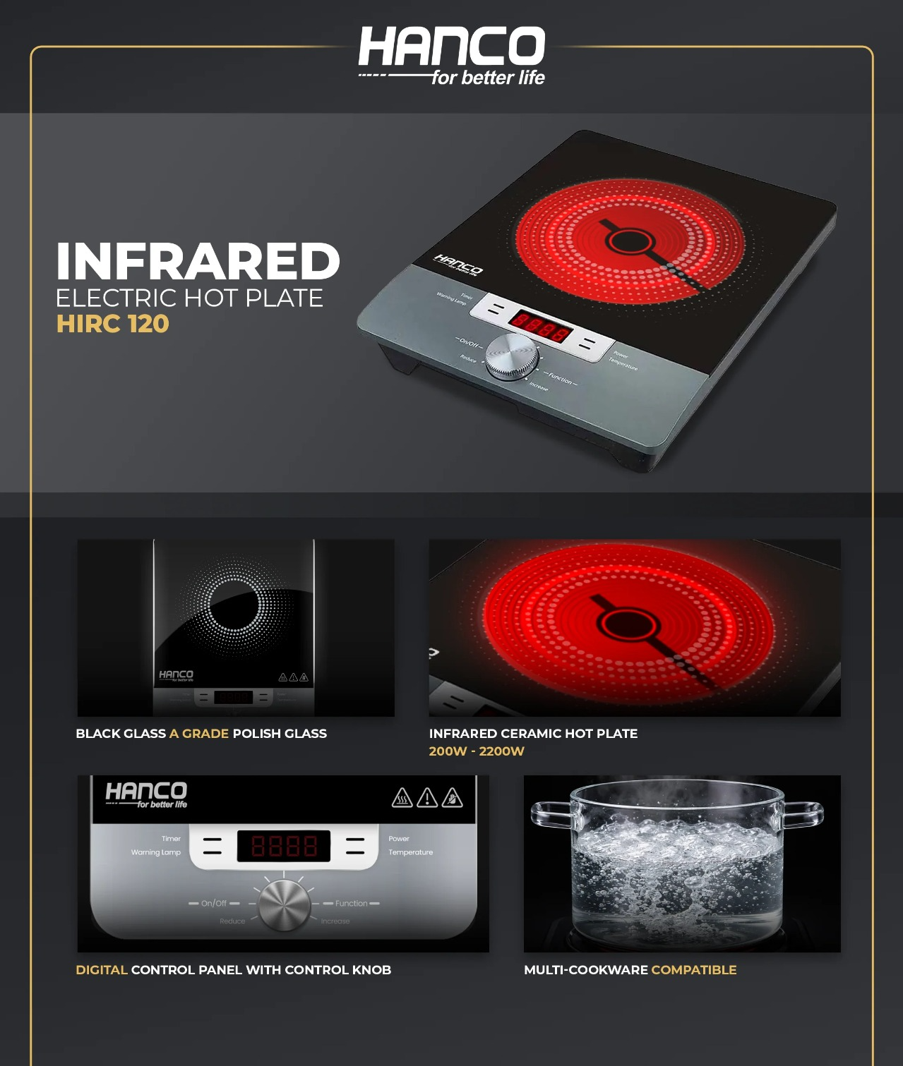 Hanco Infrared Cooktops -HIRC-120 Hot Plate Brand Warranty
