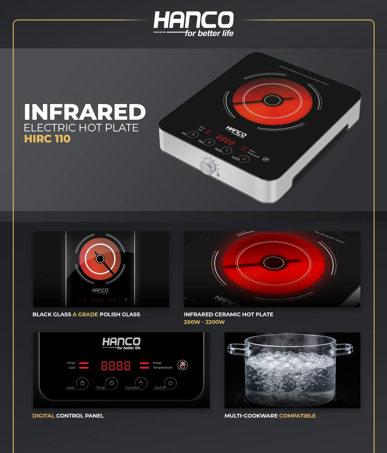 Hanco Infrared Cooktops -HIRC-110 Hot Plate Brand Warranty