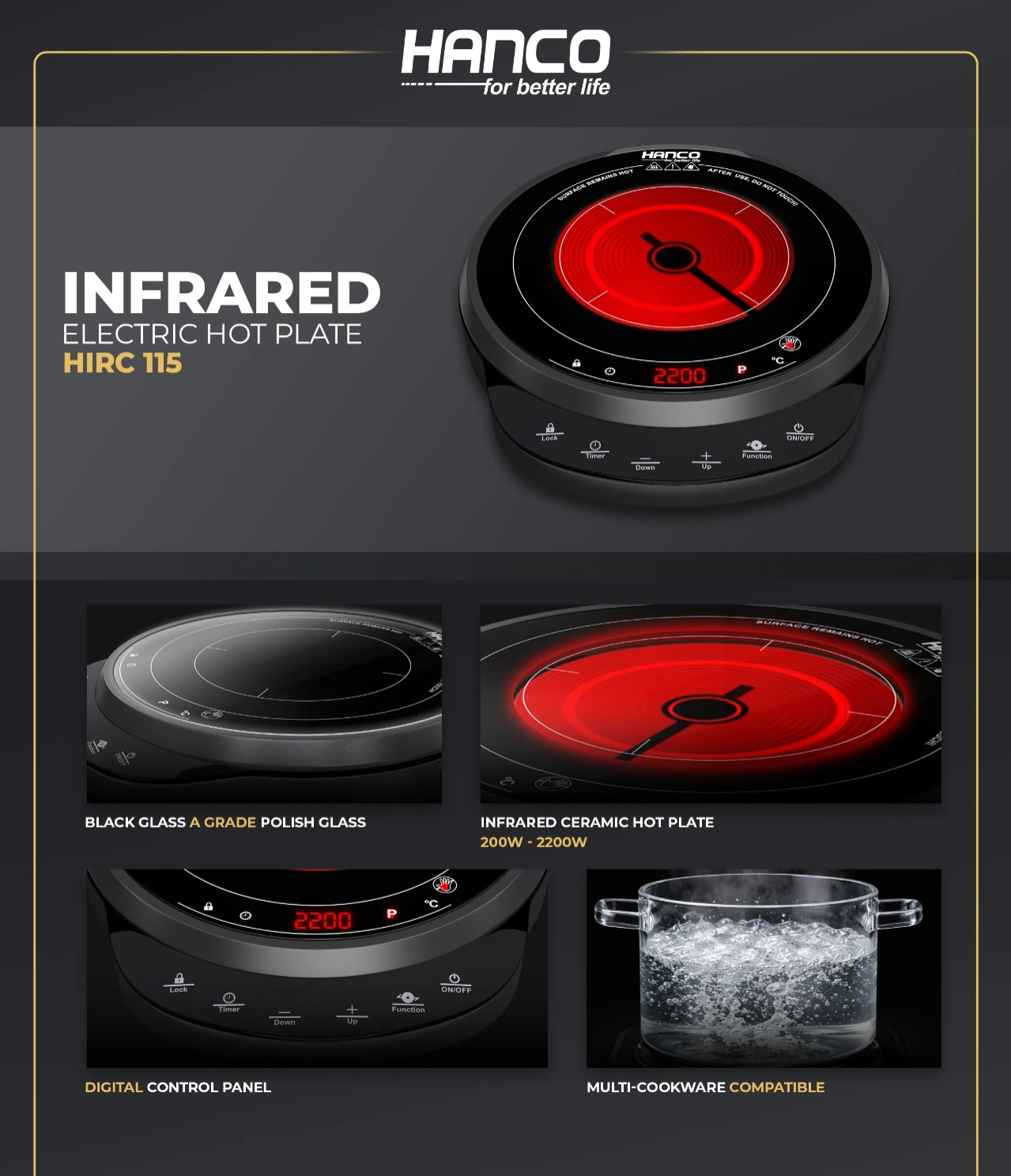 Hanco Infrared Cooktops -HIRC-115 Hot Plate Brand Warranty