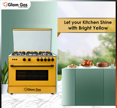 Glam Gas Cooking Range Chef 34' Yellow Tempered Glass Auto Ignition (Natural Gas & LPG) Brand Warranty