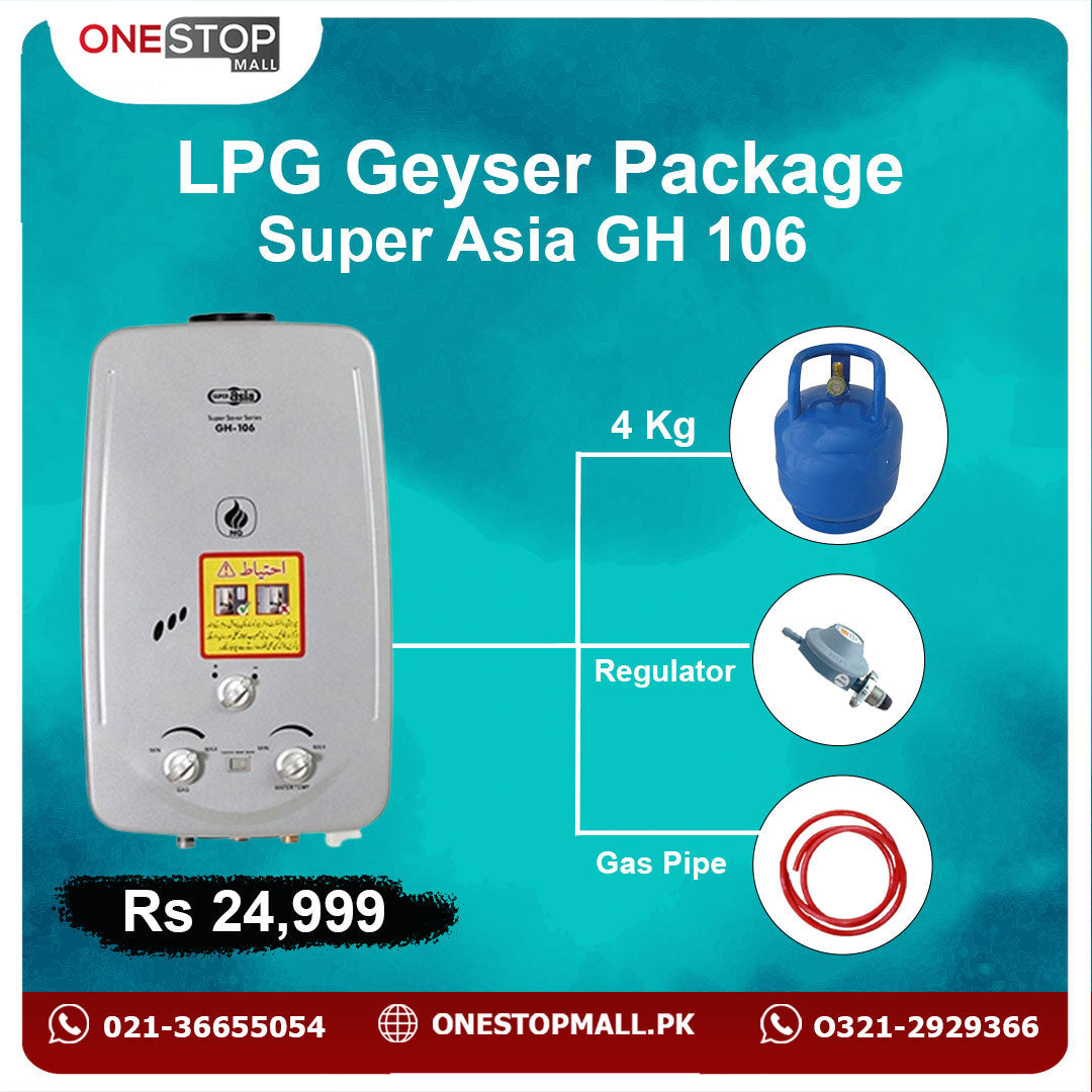Package Super Asia ( GH  106) 06 Liter Instant Geyser White New Star Cylinder 4 Kg 3 Star Regulator And Gas Pipe 6 Fit