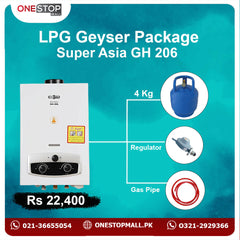 Package Super Asia ( GH 206 ) 06 Liter Instant Geyser White New Star Cylinder 4 Kg 3 Star Regulator And Gas Pipe 6 Fit