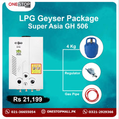 Package Super Asia ( GH  506) 06 Liter Instant Geyser White New Star Cylinder 4 Kg 3 Star Regulator And Gas Pipe 6 Fit