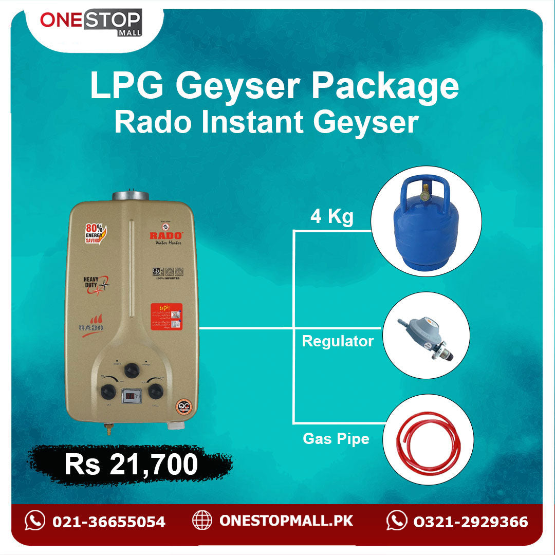 Package Rado 06 Liter Instant Geyser White New Star Cylinder 4 Kg 3 Star Regulator And Gas Pipe 6 Fit