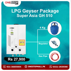 Package Super Asia ( GH 510) 10 Liter Instant Geyser White New Star Cylinder 4 Kg 3 Star Regulator And Gas Pipe 6 Fit