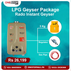 Package Rado 06 Liter  Instant Geyser  White BGC Cylinder 5 Kg  3 Star Regulator and Gas Pipe