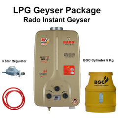 Package Rado 06 Liter  Instant Geyser  White BGC Cylinder 5 Kg  3 Star Regulator and Gas Pipe