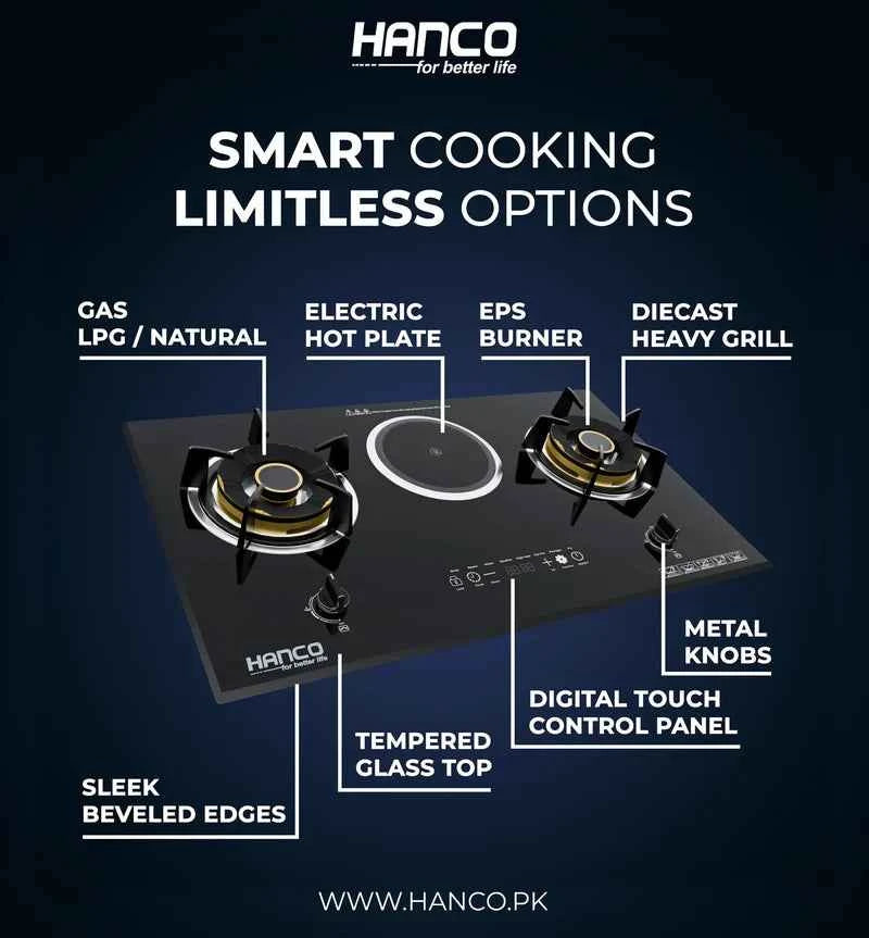 HANCO Cooktops Electric + Gas -HIRC-131 Auto Ignition 100% Imported Latest Model 2 Brass Burners with Electric Ceramic Cooker Brand Warranty