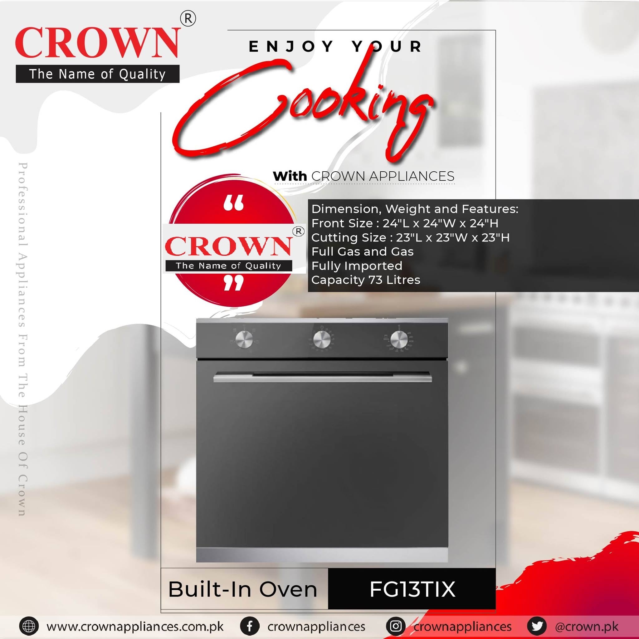 Crown Built-In Oven  B1-FG13TIX  73 Litre Full Only Natural Gas Use 1 Year Brand Warranty