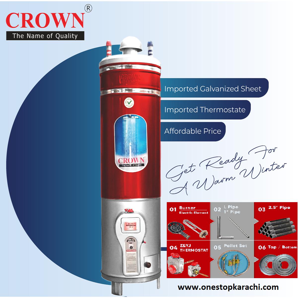Crown Storage Geyser 20 Gallons Gauge 12 x 16 Imported GI Pipe Electric+Gas Geyser  1 Year Brand Warranty